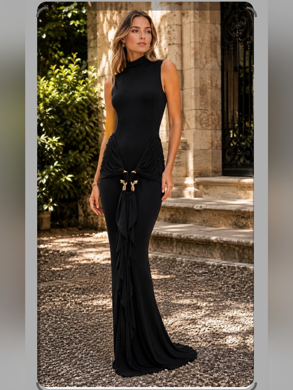 NWT Fashion Nova Black Sleeveless Maxi Gown with Gold Accents Size XL
